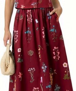 Burgundy 2 Piece Floral Cropped Tops Maxi Skirts IP59
