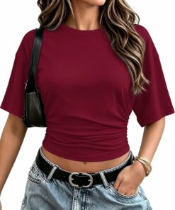 Burgundy Ruched Waist Slim Fitted Basic Tees IP45