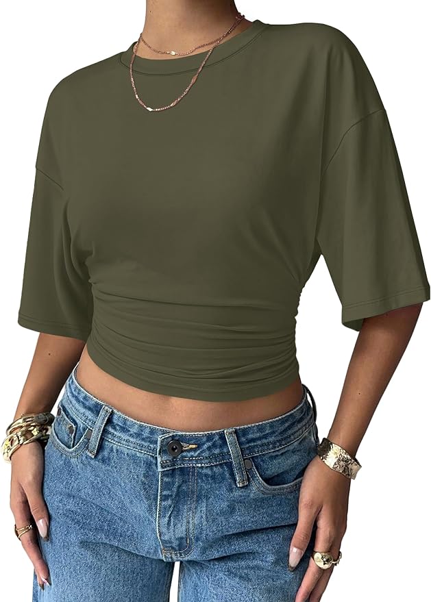 Green Ruched Waist Slim Fitted Basic Tees IP46 - Image 2