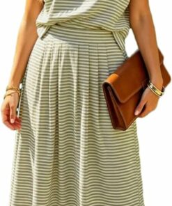 Green Summer 2 Piece Outfits Striped Skirt IP57