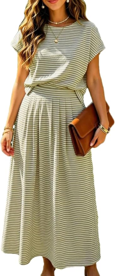 Green Summer 2 Piece Outfits Striped Skirt IP57