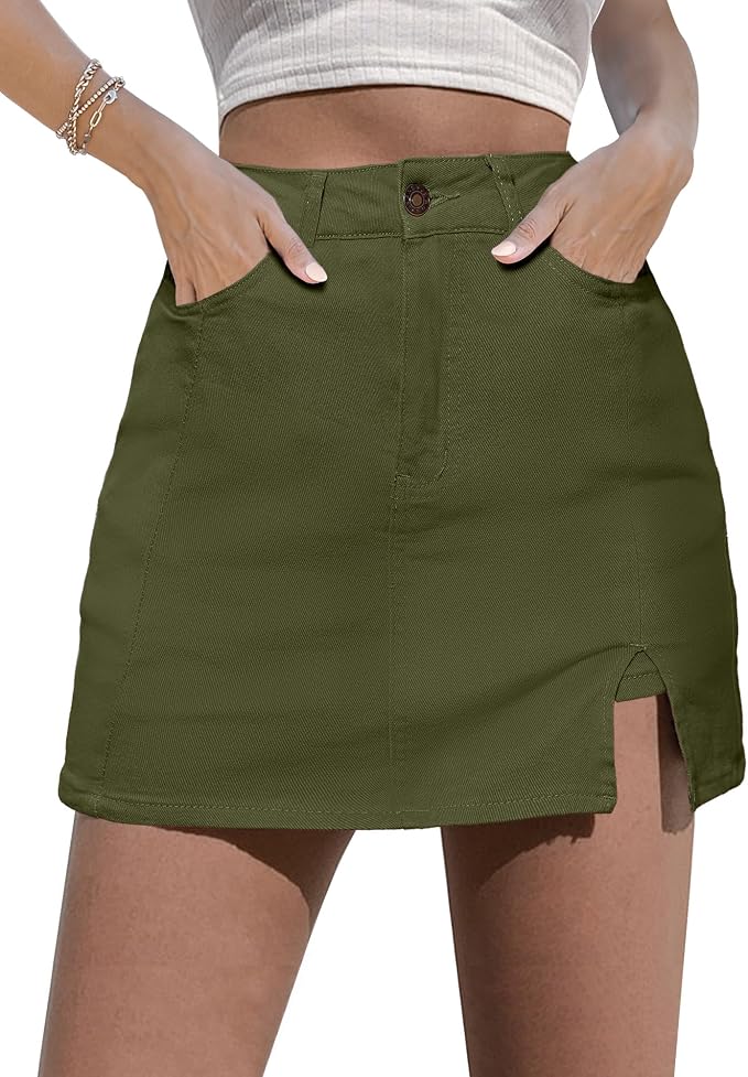 Olive Green Stretchy Denim Mini Skirt IP41