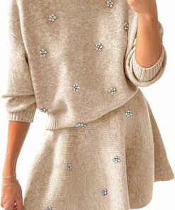 Beige Rhinestones Sweater Skirt Set IP73