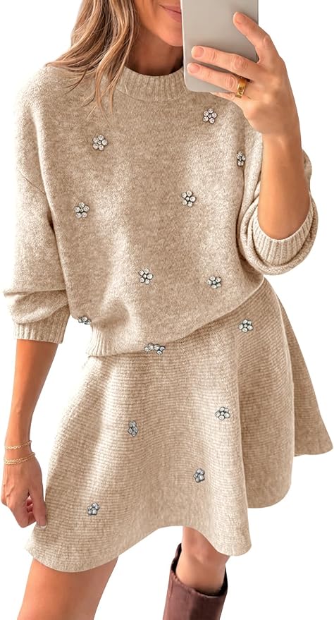 Beige Rhinestones Sweater Skirt Set IP73