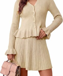 Beige V Neck Ruffle Sweater Set IP87