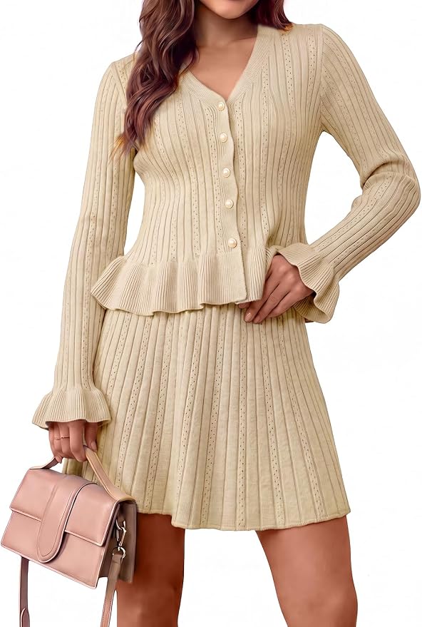 Beige V Neck Ruffle Sweater Set IP87
