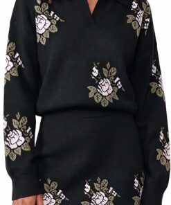 Black Floral Collared V Neck Set IP76