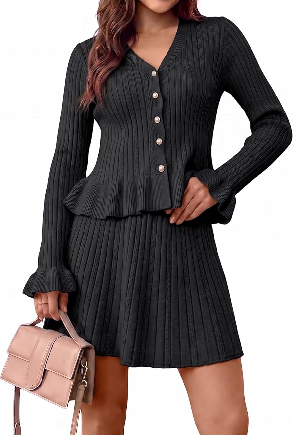 Black V Neck Ruffle Sweater Sets IP89