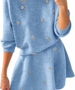 Blue Rhinestones Sweater Skirt Set IP71