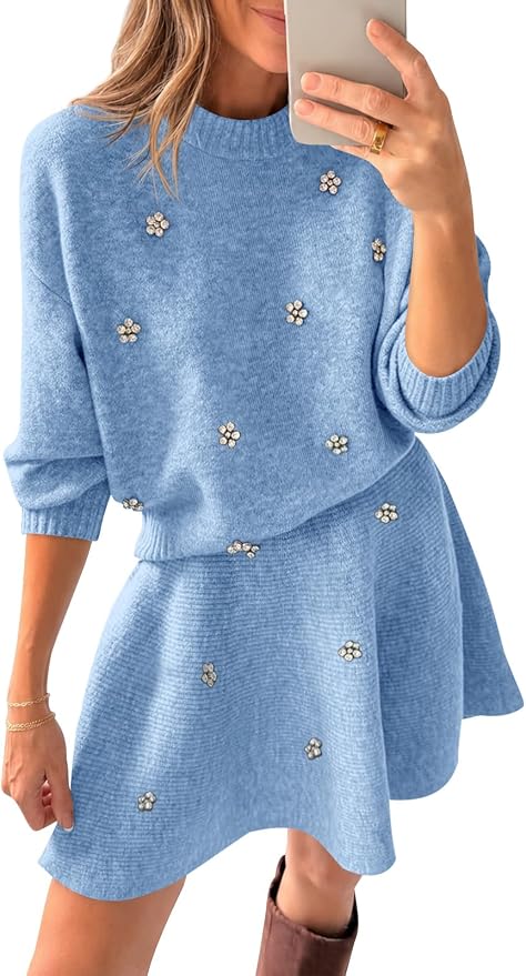Blue Rhinestones Sweater Skirt Set IP71