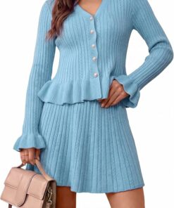 Blue V Neck Ruffle Sweater Sets IP88