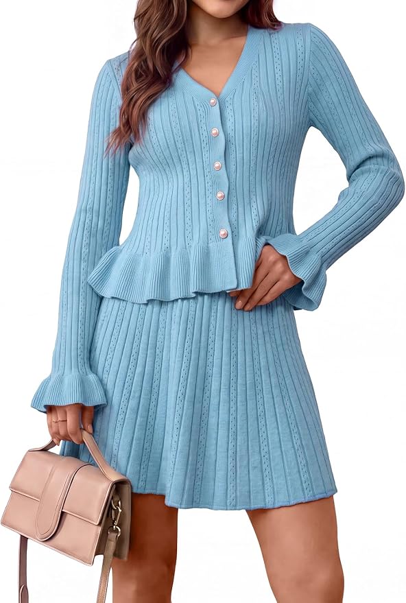 Blue V Neck Ruffle Sweater Sets IP88