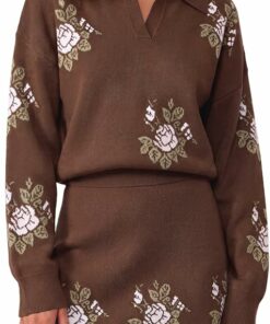 Brown Floral Collared V Neck Set IP77