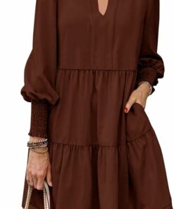Brown V Neck Tiered Dress IP105