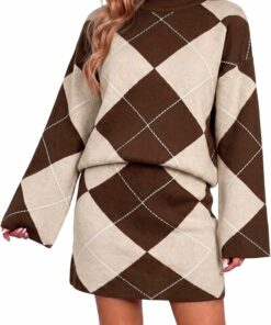 Casual Loose Argyle Sweater Skirt Set IP69