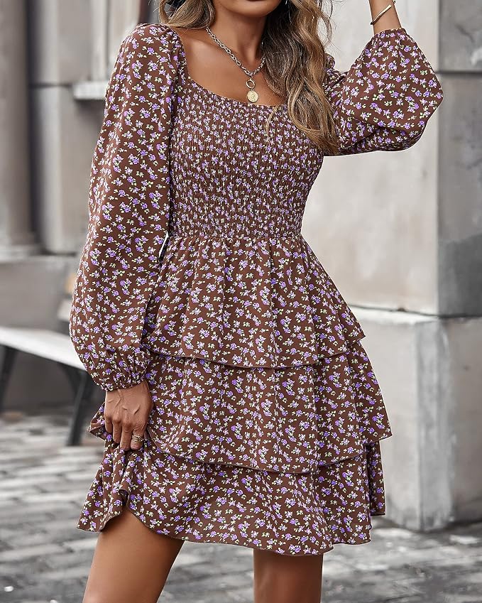 Floral Brown Smocked Mini Dress IP118 - Image 2