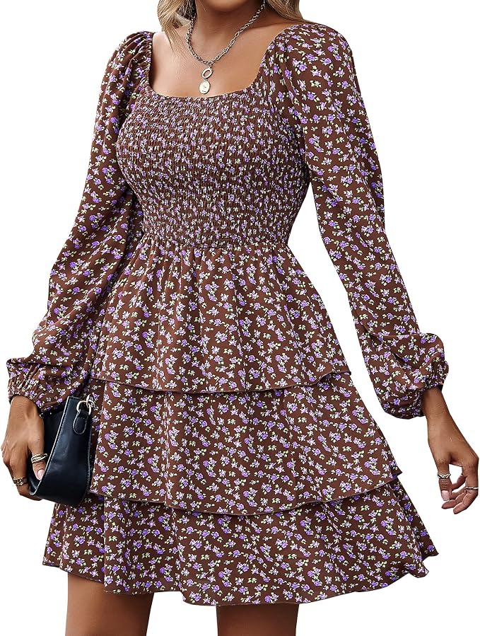 Floral Brown Smocked Mini Dress IP118