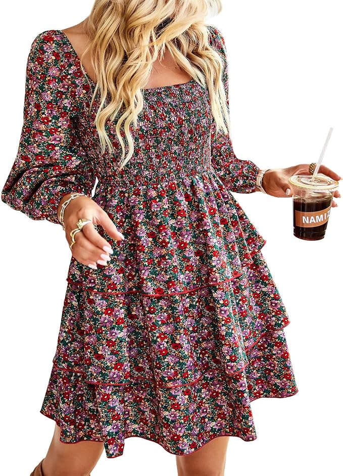 Floral Red Pink Smocked Mini Dress IP117