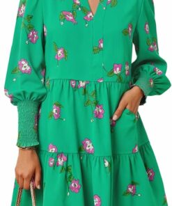Green Floral V Neck Tiered Dress IP104