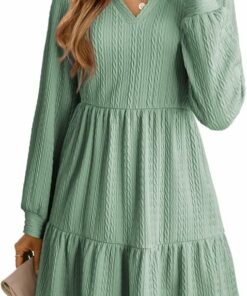 Green Long Sleeve V Neck Dress IP114