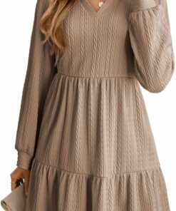 Khaki Long Sleeve V Neck Dress IP116