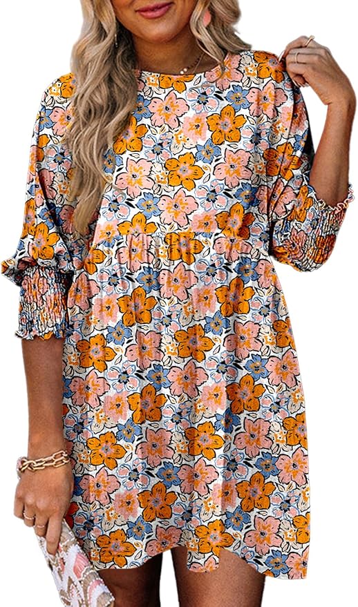 Print Orange Babydoll Mini Dress IP97