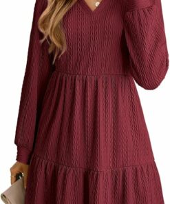 Red Long Sleeve V Neck Dress IP115
