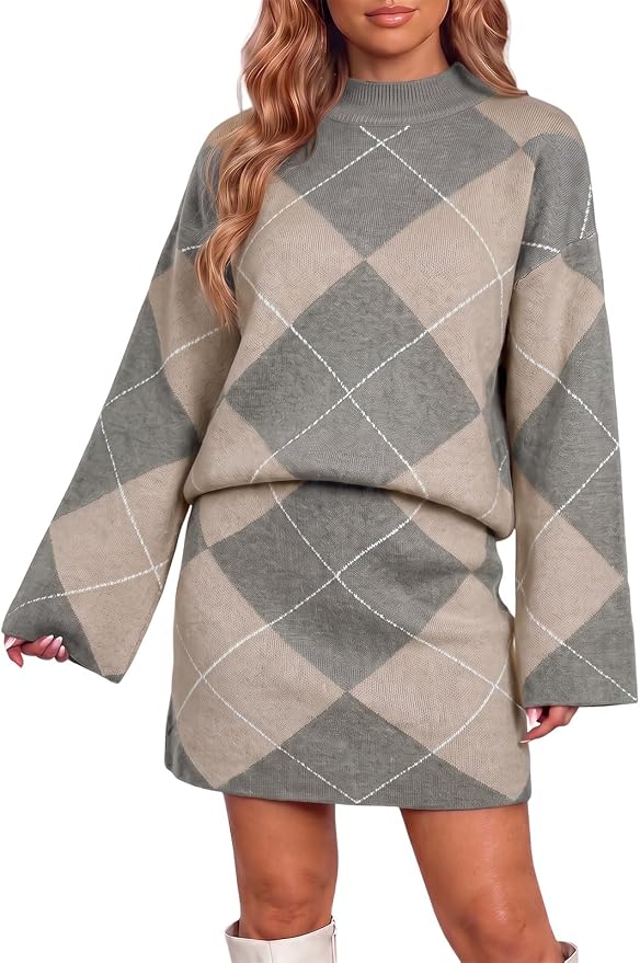 Trendy Grey Fall Sweater Skirt Set IP67