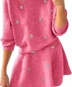 Trendy Rose Red Sweater Skirt Set IP72