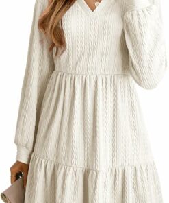 White Long Sleeve V Neck Dress IP112